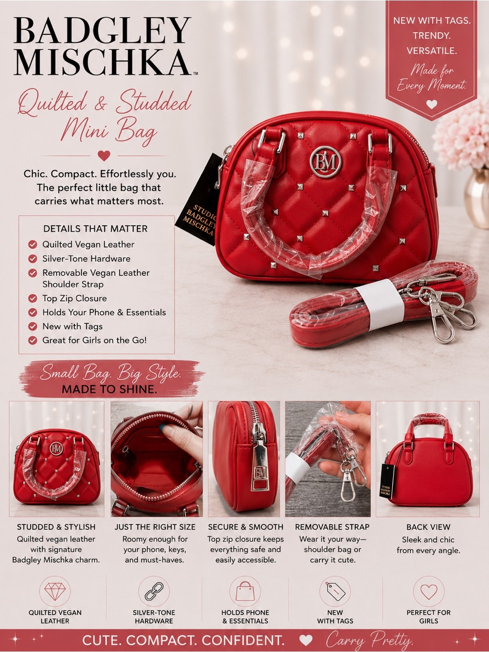 Badgley Mischka red quilted studded mini bag with silver hardware